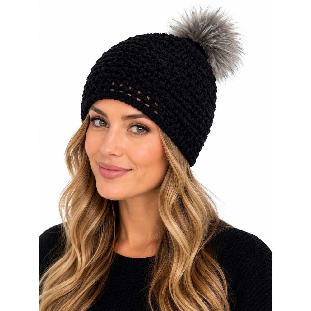 Black Crochet Knit Beanie Hat Gray Faux Fur Pom Pom Women's Winter Warm Cap